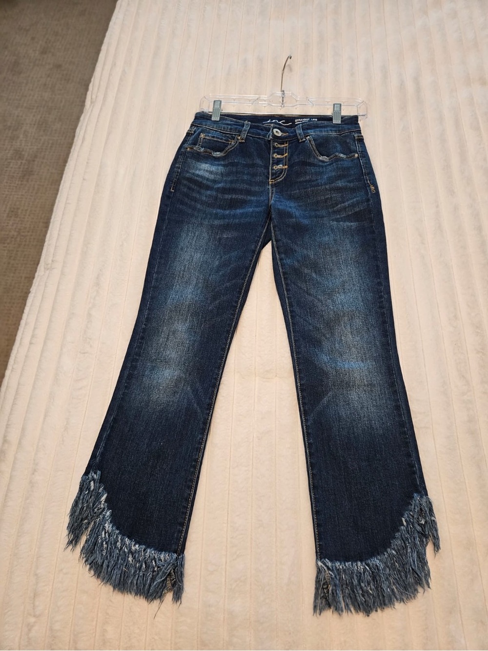 INC International Concepts Dark Blue Fringe Hem Wide-Leg Jeans